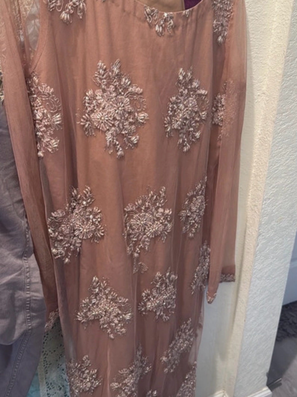 Elegant Embroidered Long Sleeve Dress in Dusty Rose